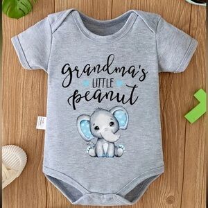 Baby onesie, NIP, “grandma’s LITTLE peanut”
Soft gray 100% Poly, 3 snaps, 0-3 mo